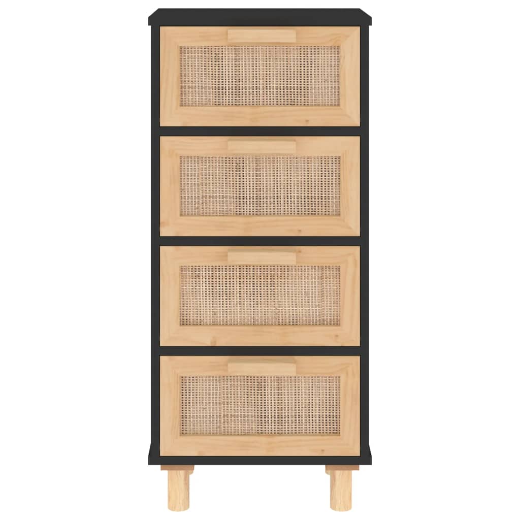 Credenza Nera 40x30x90 cm Legno Massello Pino e Rattan Naturale - homemem39