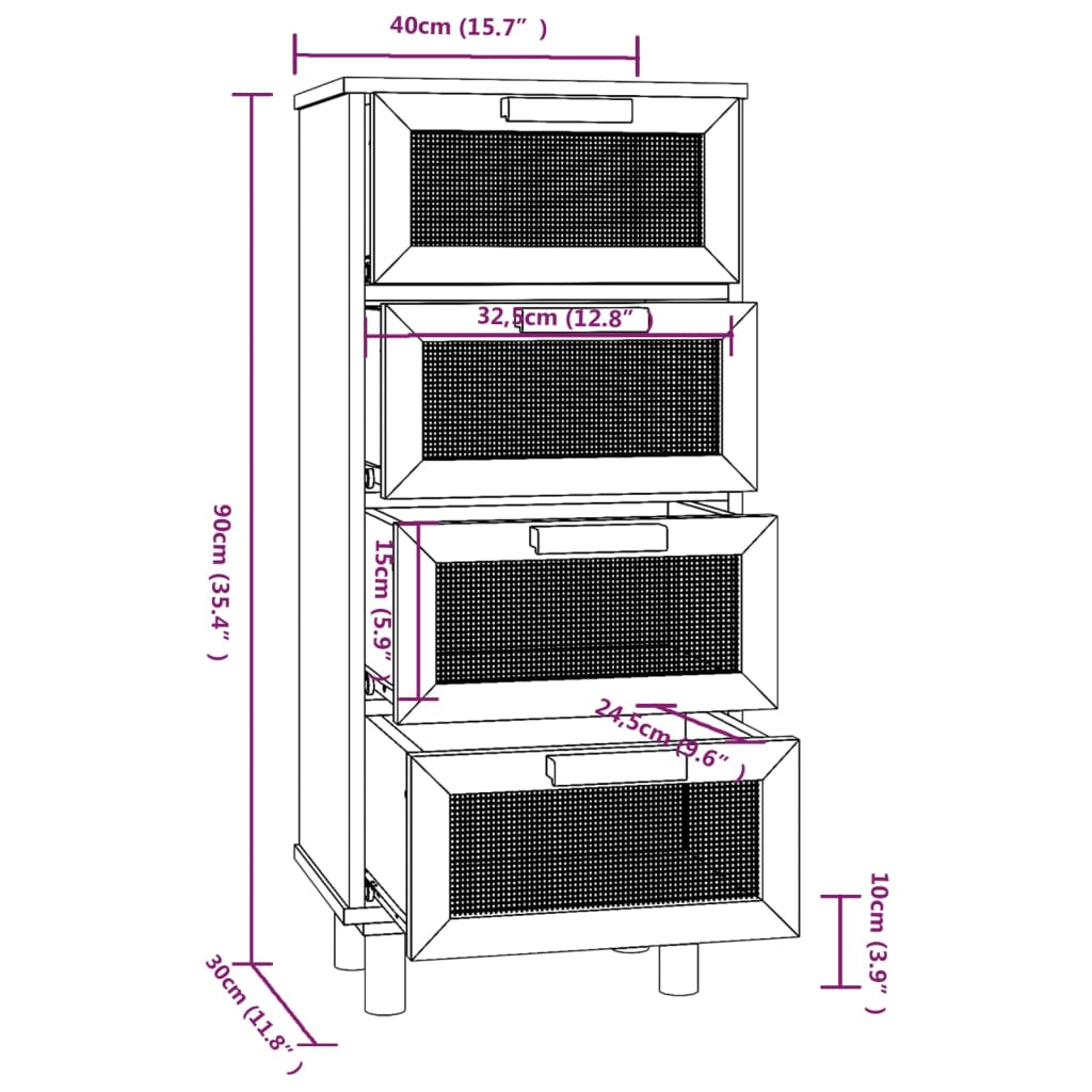 Credenza Nera 40x30x90 cm Legno Massello Pino e Rattan Naturale - homemem39