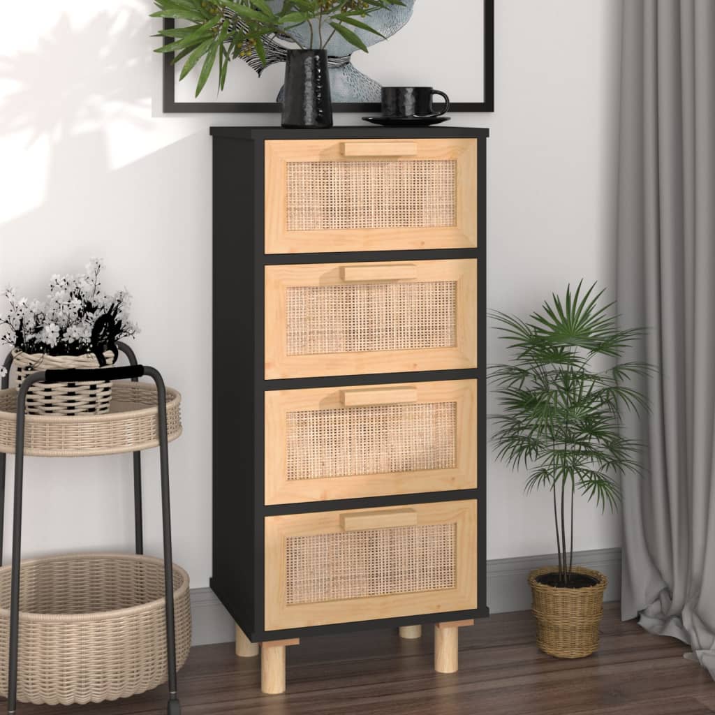 Credenza Nera 40x30x90 cm Legno Massello Pino e Rattan Naturale - homemem39