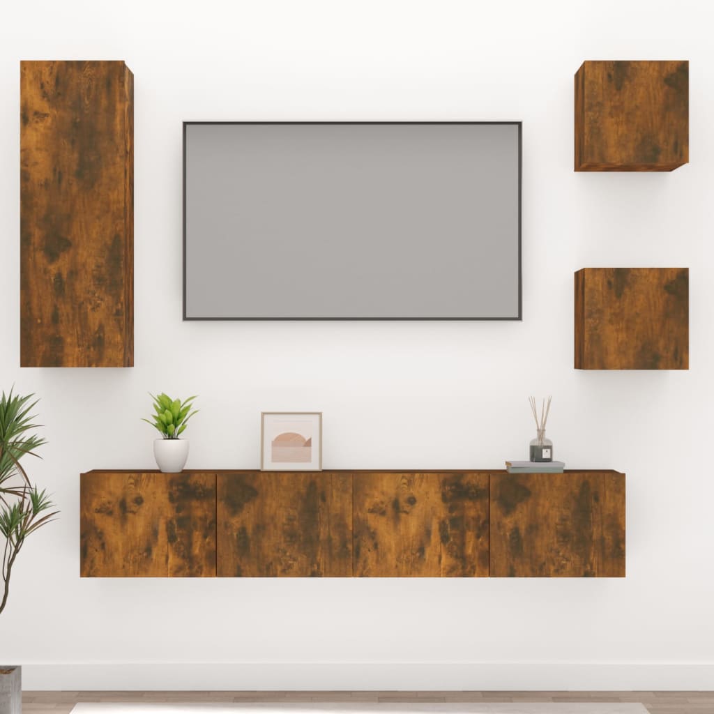 Set di Mobili Porta TV 5 pz Rovere Fumo in Legno Multistrato - homemem39