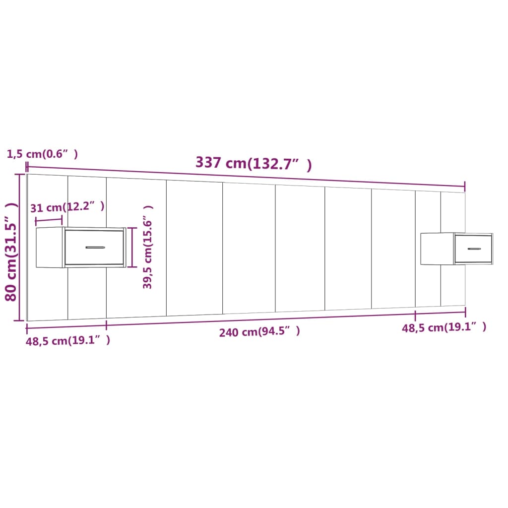 Testiera per Letto con Comodini in Legno Multistrato Nero - homemem39