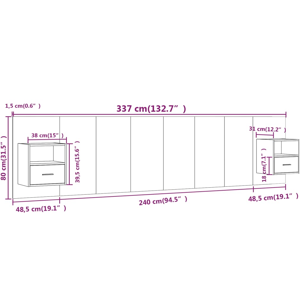 Testiera Letto con Comodini Rovere Fumo in Legno Multistrato - homemem39