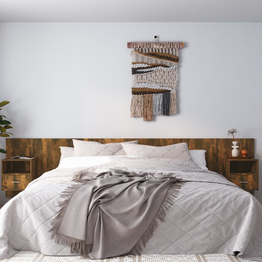 Testiera Letto con Comodini Rovere Fumo in Legno Multistrato - homemem39