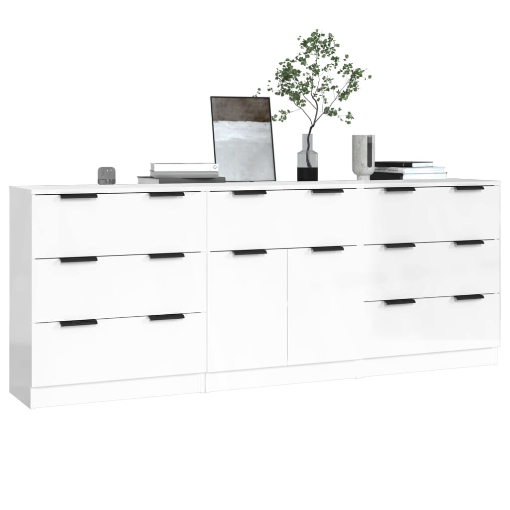 Credenze 3 pz Bianco Lucido in Legno Multistrato - homemem39