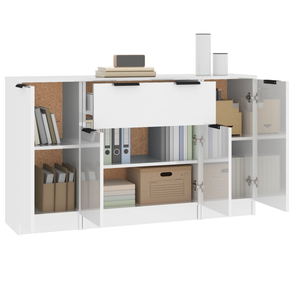 Credenze 3 pz Bianco Lucido in Legno Multistrato - homemem39