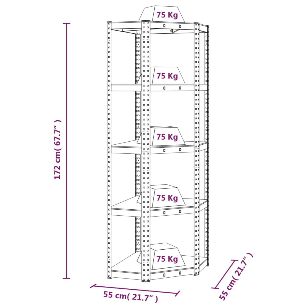 Scaffale Angolare 5 Ripiani Argento Acciaio e Legno Multistrato - homemem39