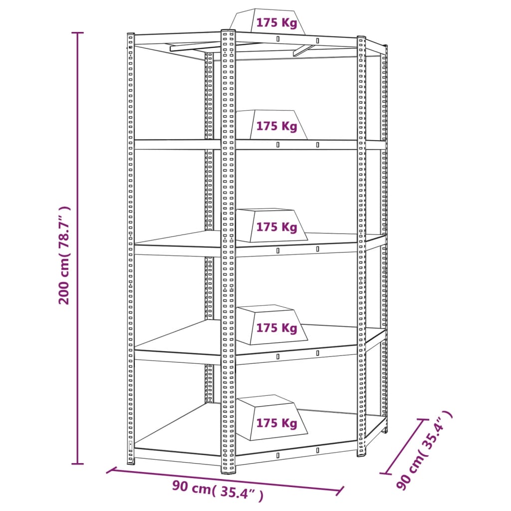 Scaffale Angolare 5 Ripiani Argento Acciaio e Legno Multistrato - homemem39