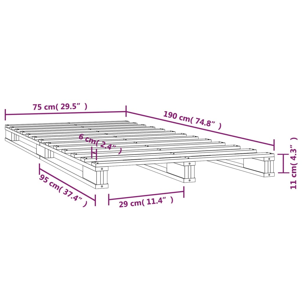 Letto a Pallet Grigio 75x190 cm Massello Pino 2FT6 Small Single - homemem39