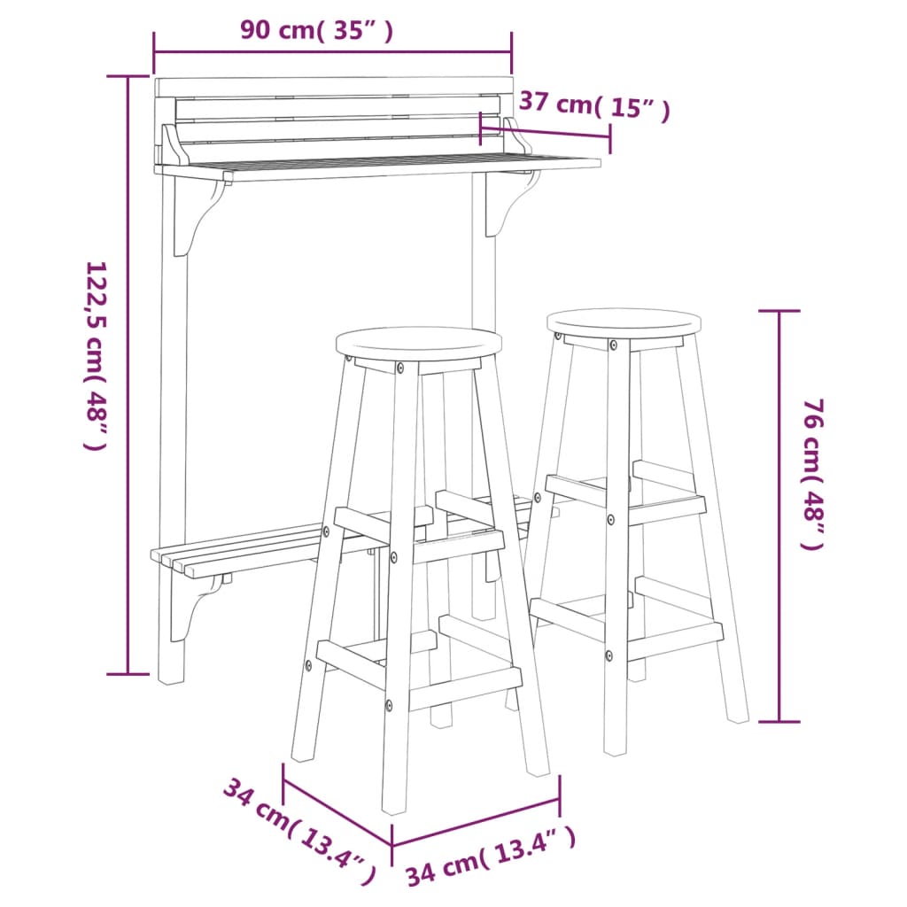 Set da Bar per Balcone 3 pz in Legno Massello di Acacia - homemem39