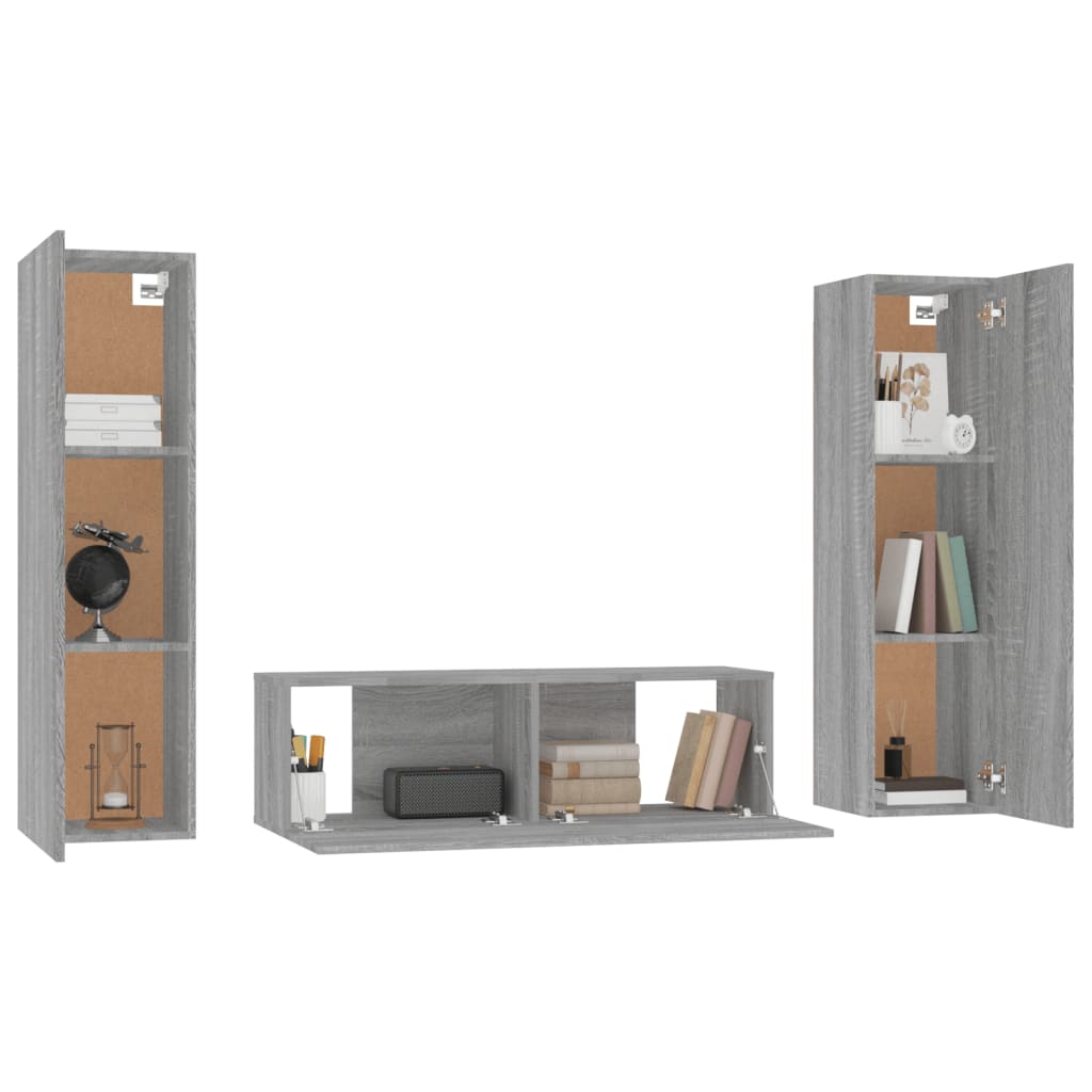 Set Mobili Porta TV 3 pz Grigio Sonoma in Legno Multistrato - homemem39