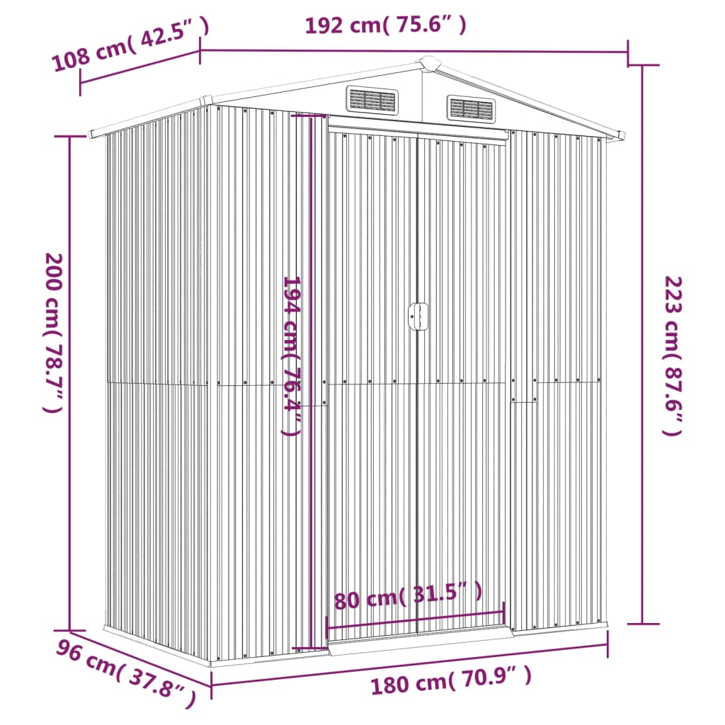 Capanno da Giardino Antracite 192x108x223 cm in Acciaio Zincato - homemem39