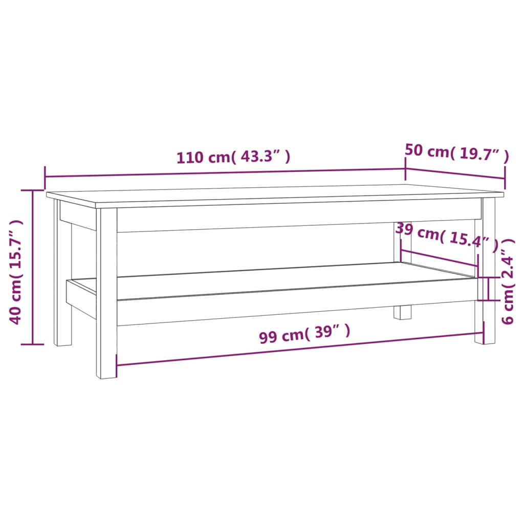 Tavolino da Salotto Nero 110x50x40 cm in Legno Massello di Pino - homemem39