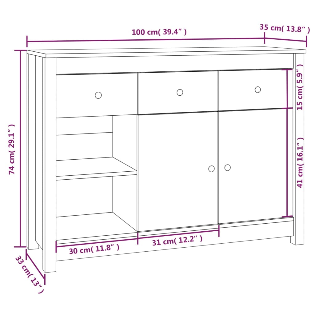 Credenza Bianca 100x35x74 cm in Legno Massello di Pino - homemem39