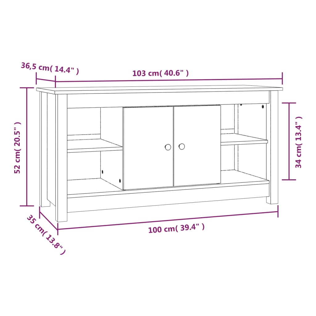 Mobile Porta TV Bianco 103x36,5x52 cm in Legno Massello di Pino - homemem39