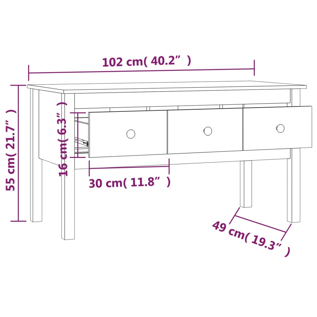 Tavolino da Salotto Nero 102x49x55 cm in Legno Massello di Pino - homemem39