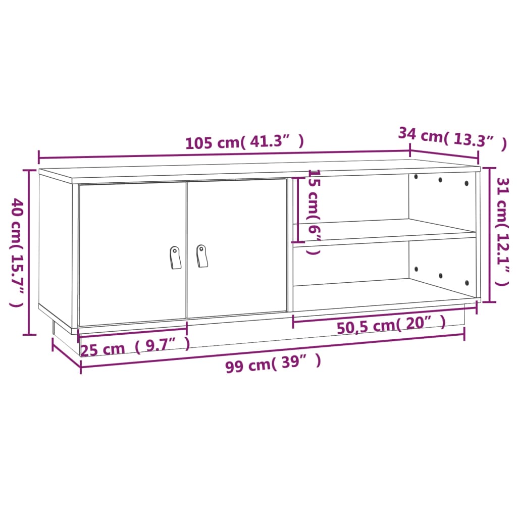 Mobile Porta TV Bianco 105x34x40 cm in Legno Massello di Pino - homemem39