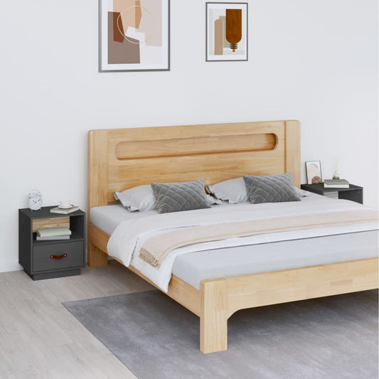 Comodini Grigi 2 pz 40x34x45 cm in Legno Massello di Pino - homemem39