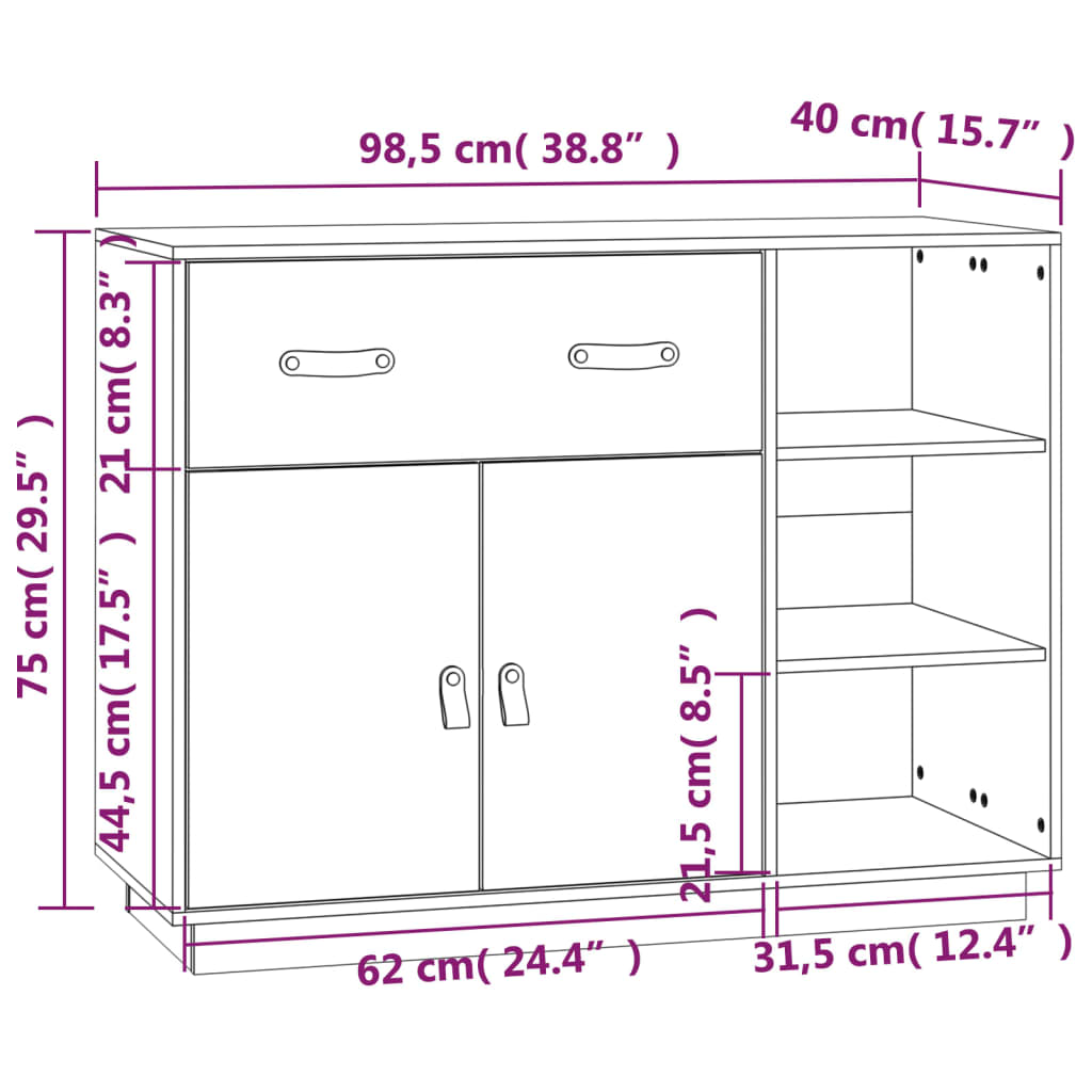 Credenza Bianca 98,5x40x75 cm in Legno Massello di Pino - homemem39