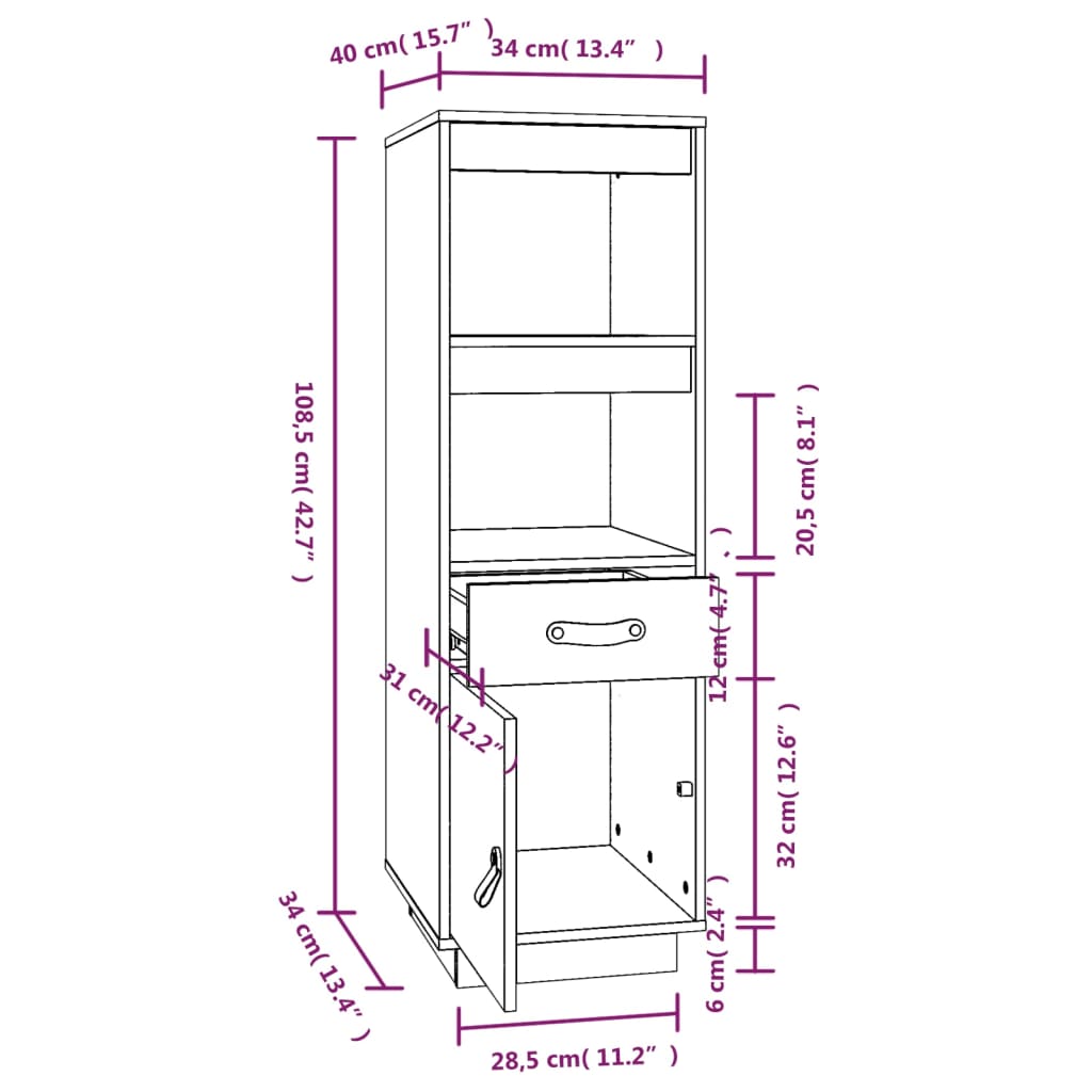 Credenza Bianca 34x40x108,5 cm in Legno Massello di Pino - homemem39