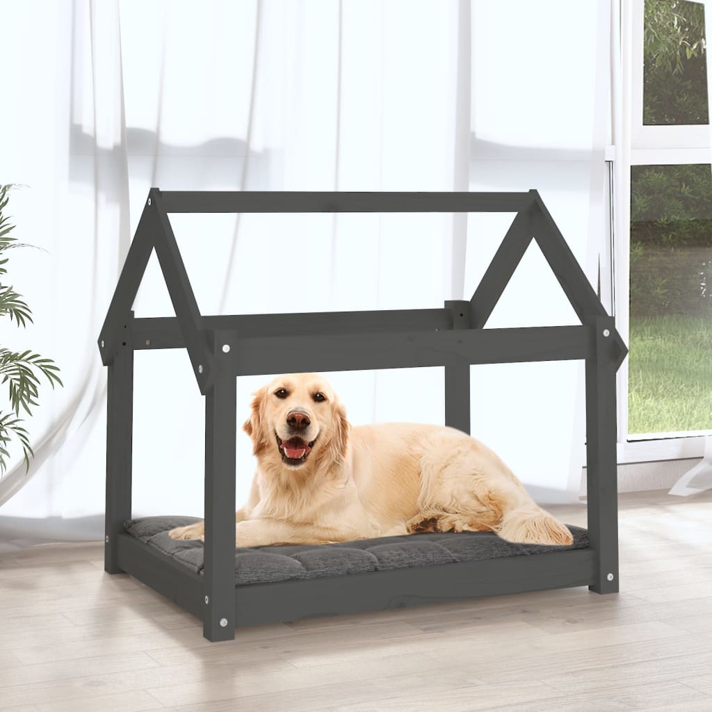 Cuccia per Cani Grigia 81x60x70 cm in Legno Massello di Pino - homemem39