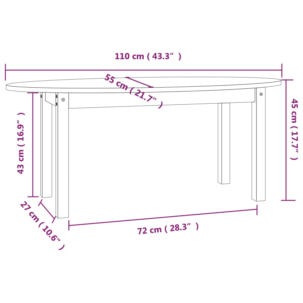 Tavolino da Salotto Bianco 110x55x45 cm Legno Massello di Pino - homemem39