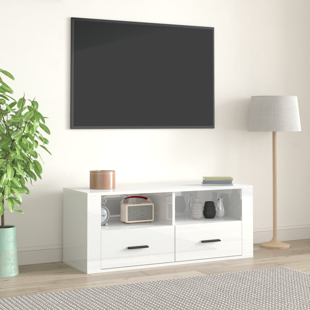 Mobile Porta TV Bianco Lucido 100x35x40 cm in Legno Multistrato - homemem39