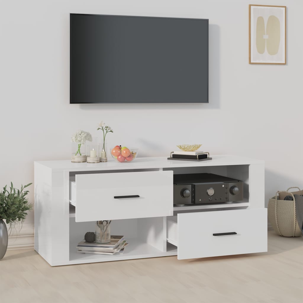 Mobile Porta TV Bianco Lucido 100x35x40 cm in Legno Multistrato - homemem39