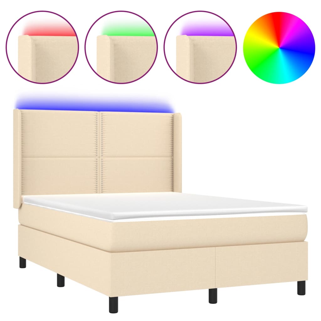 Letto a Molle con Materasso e LED Crema 140x200 cm in Tessuto - homemem39