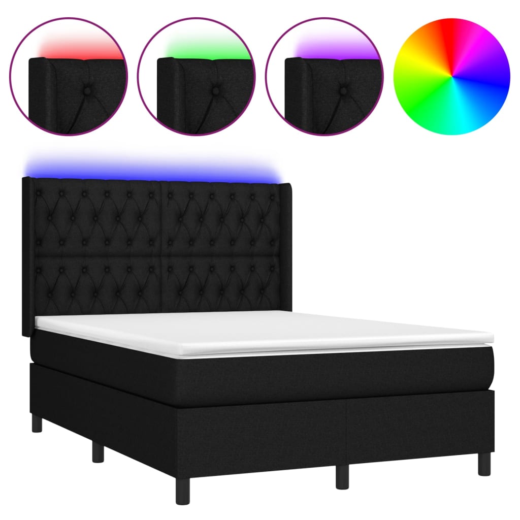 Letto a Molle con Materasso e LED Nero 140x190 cm in Tessuto - homemem39