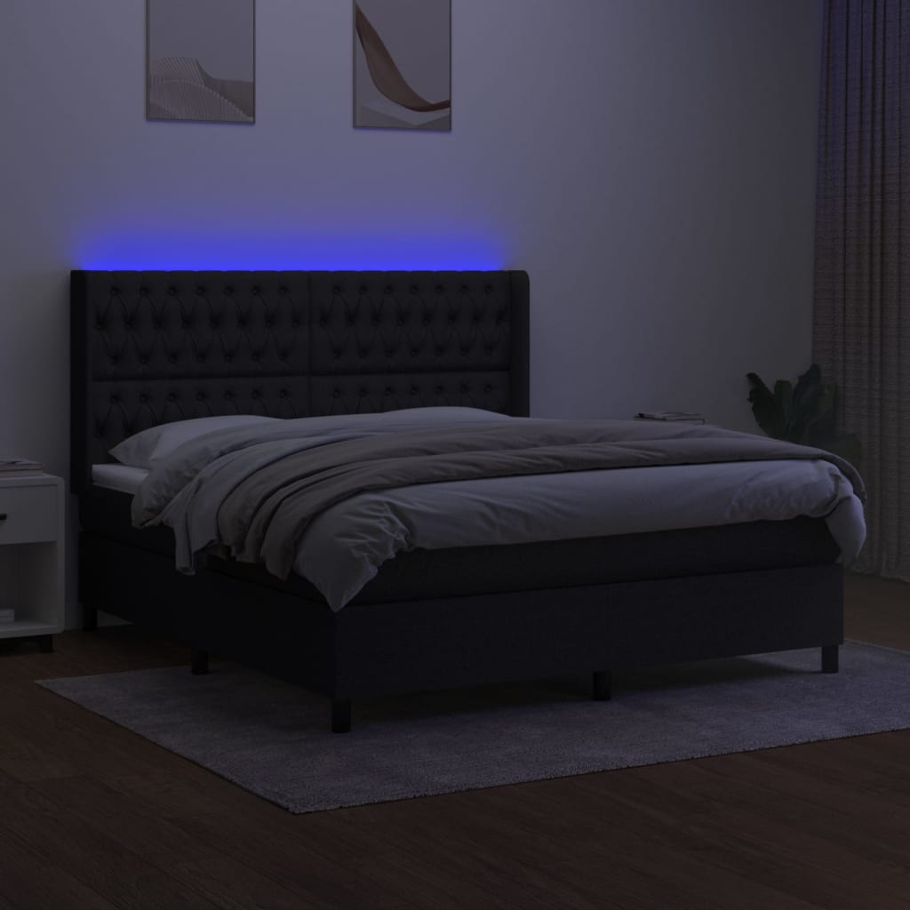 Letto a Molle con Materasso e LED Nero 160x200 cm in Tessuto - homemem39