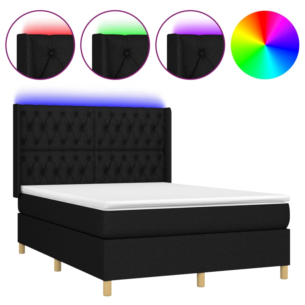 Letto a Molle con Materasso e LED Nero 140x190 cm in Tessuto - homemem39