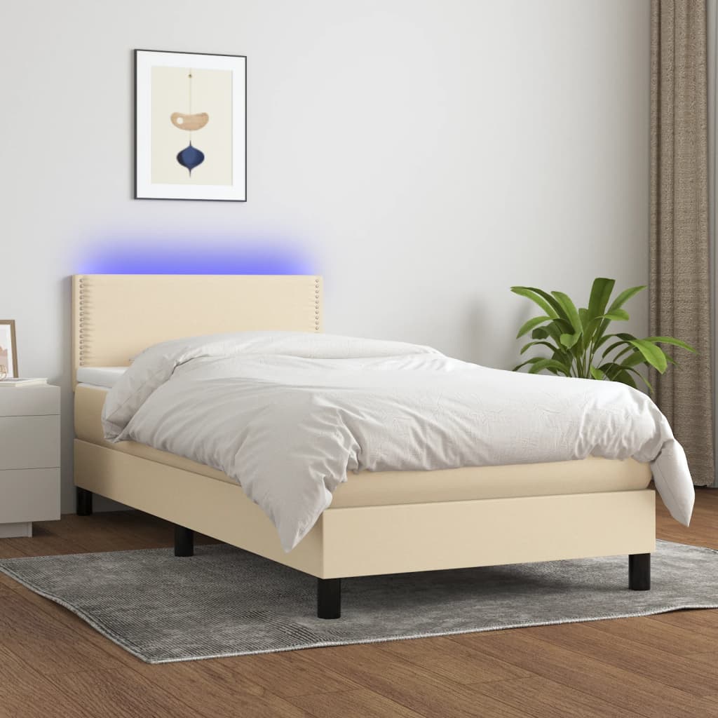 Letto a Molle con Materasso e LED Crema 90x190 cm in Tessuto - homemem39