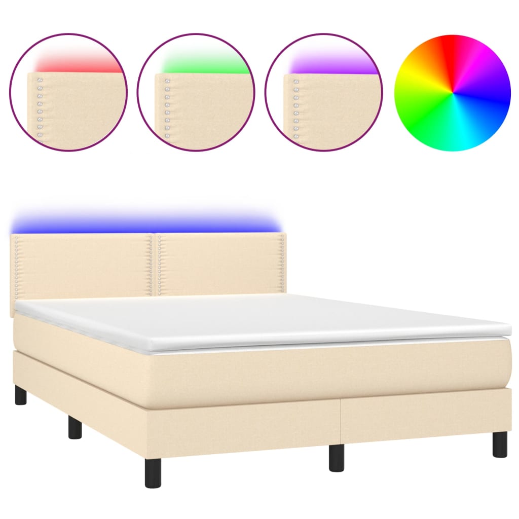 Letto a Molle con Materasso e LED Crema 140x200 cm in Tessuto - homemem39