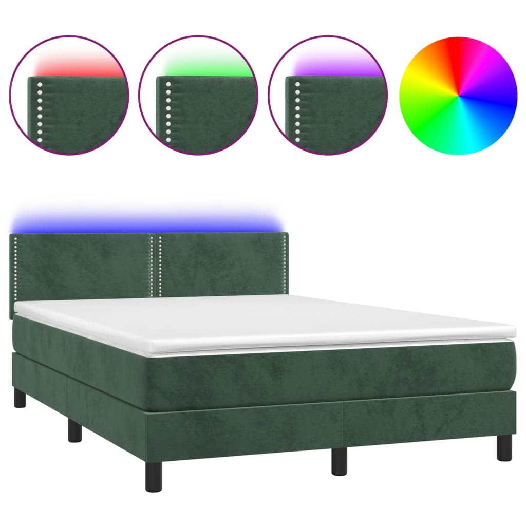 Letto a Molle con Materasso e LED Verde Scuro 140x200cm Velluto - homemem39