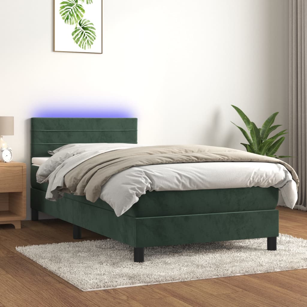 Letto a Molle con Materasso e LED Verde Scuro 90x190 cm Velluto - homemem39