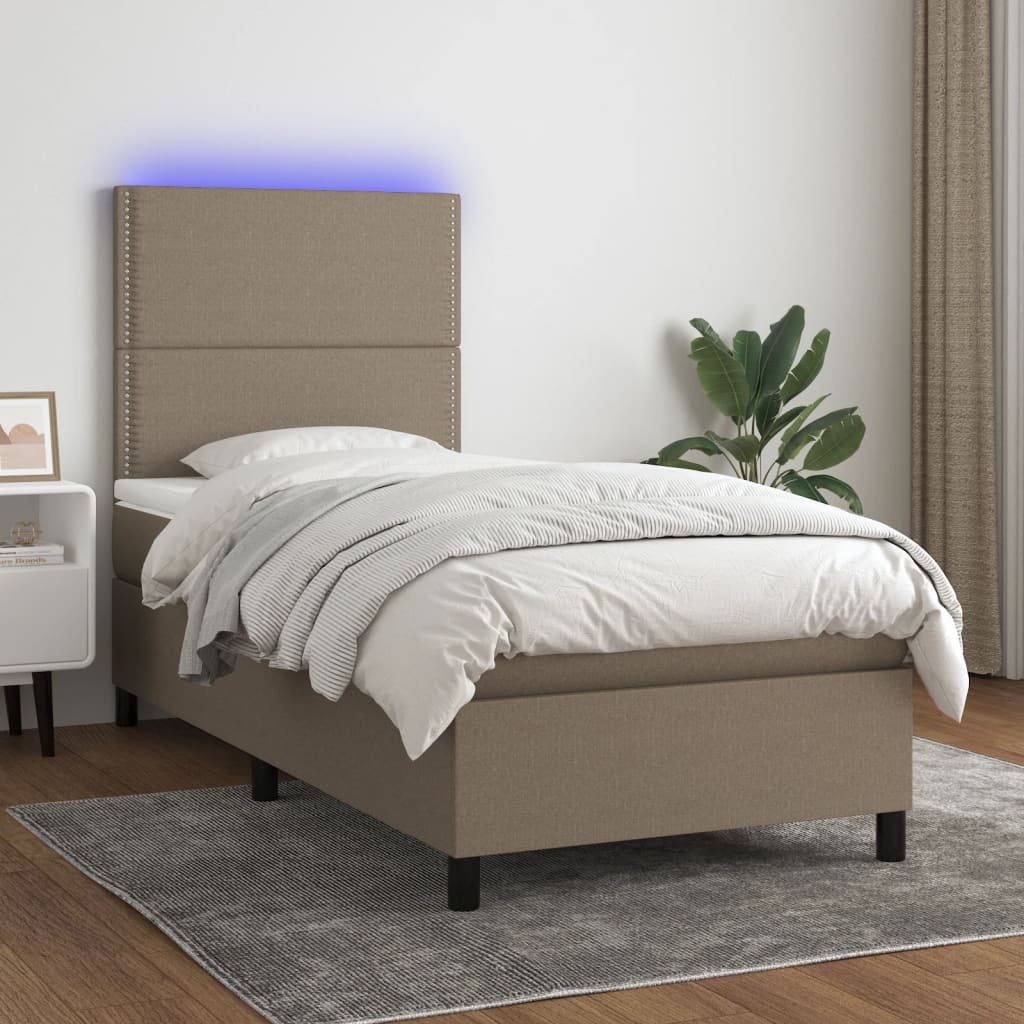 Letto a Molle con Materasso e LED Tortora 90x190 cm in Tessuto - homemem39