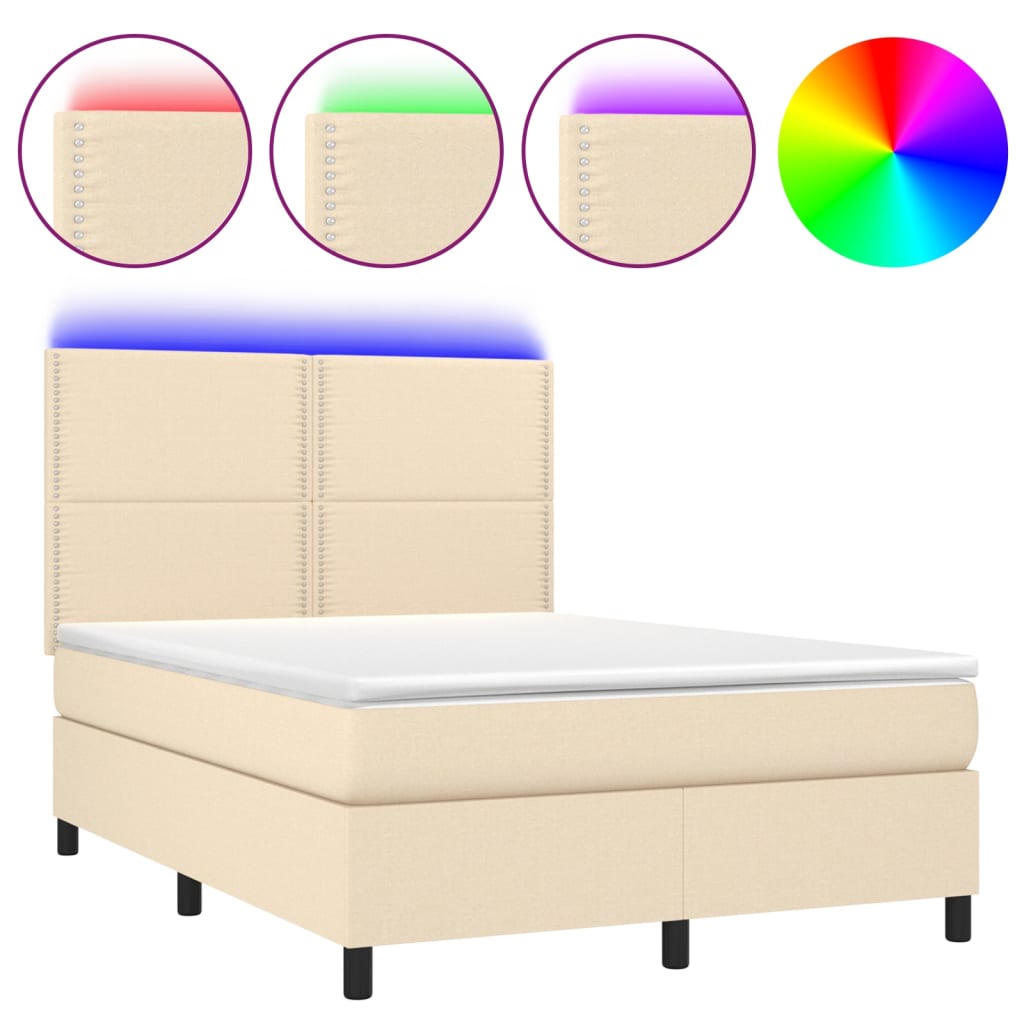 Letto a Molle con Materasso e LED Crema 140x190 cm in Tessuto - homemem39