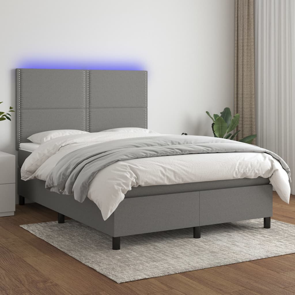 Letto a Molle Materasso e LED Grigio Scuro 140x200cm in Tessuto - homemem39