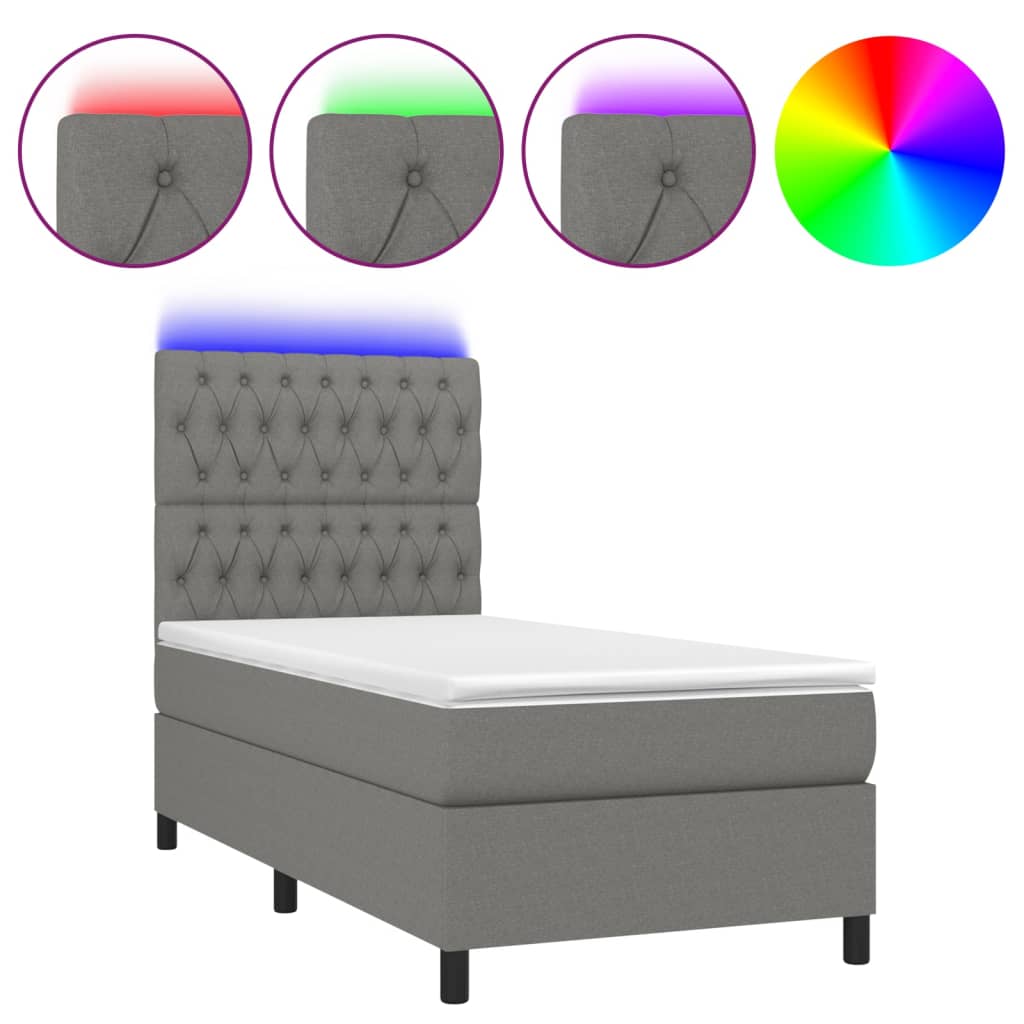 Letto a Molle Materasso e LED Grigio Scuro 90x190 cm in Tessuto - homemem39