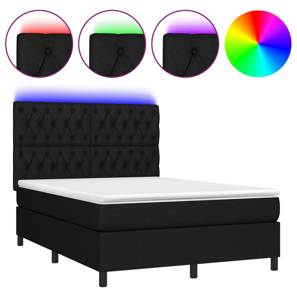 Letto a Molle con Materasso e LED Nero 140x190 cm in Tessuto - homemem39