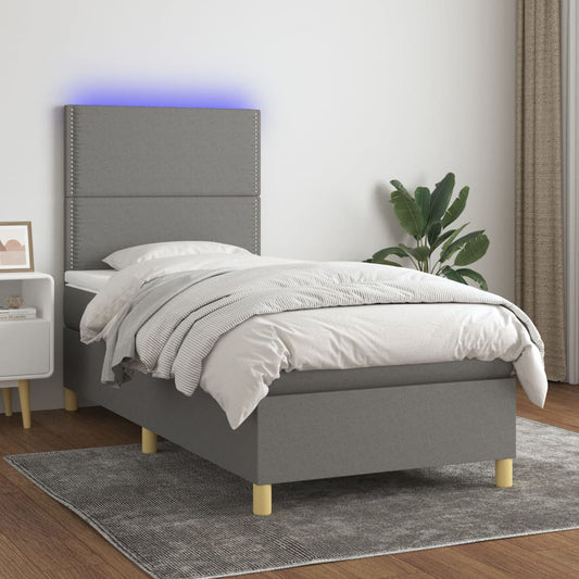 Letto a Molle Materasso e LED Grigio Scuro 100x200cm in Tessuto - homemem39