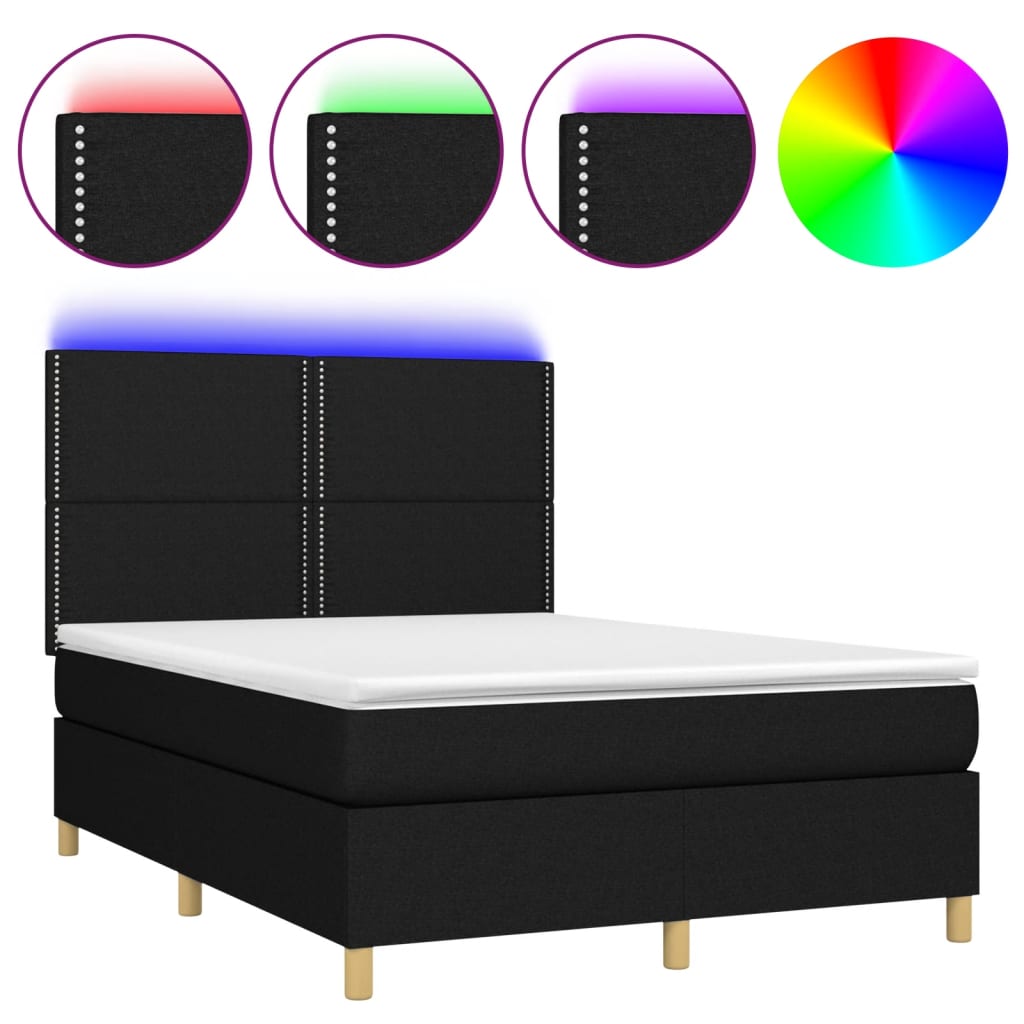 Letto a Molle con Materasso e LED Nero 140x190 cm in Tessuto - homemem39