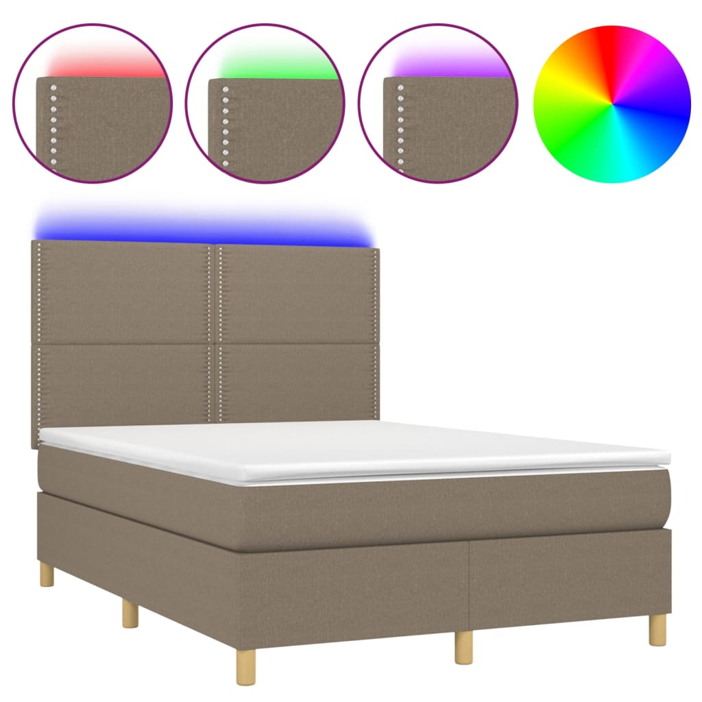 Letto a Molle con Materasso e LED Tortora 140x190 cm in Tessuto - homemem39