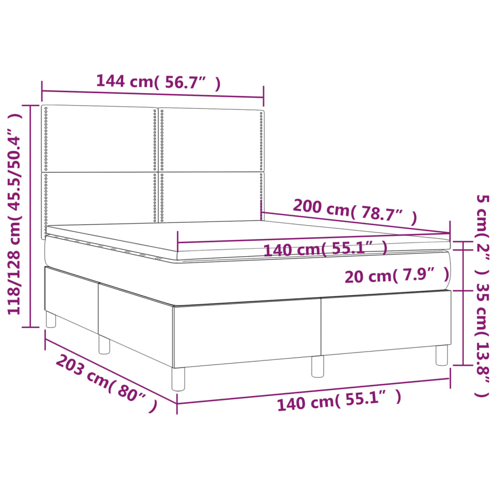 Letto a Molle con Materasso e LED Tortora 140x200 cm in Tessuto - homemem39