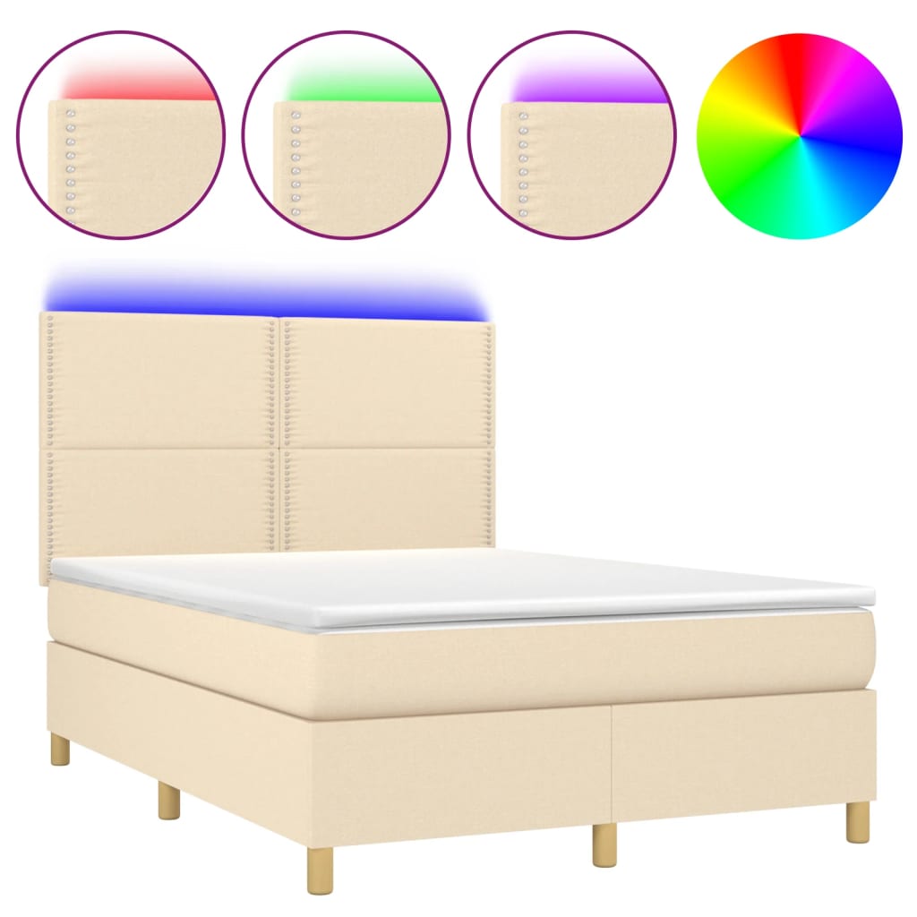 Letto a Molle con Materasso e LED Crema 140x200 cm in Tessuto - homemem39