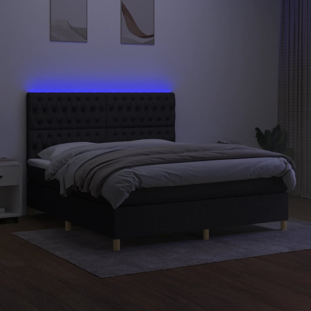 Letto a Molle con Materasso e LED Nero 160x200 cm in Tessuto - homemem39