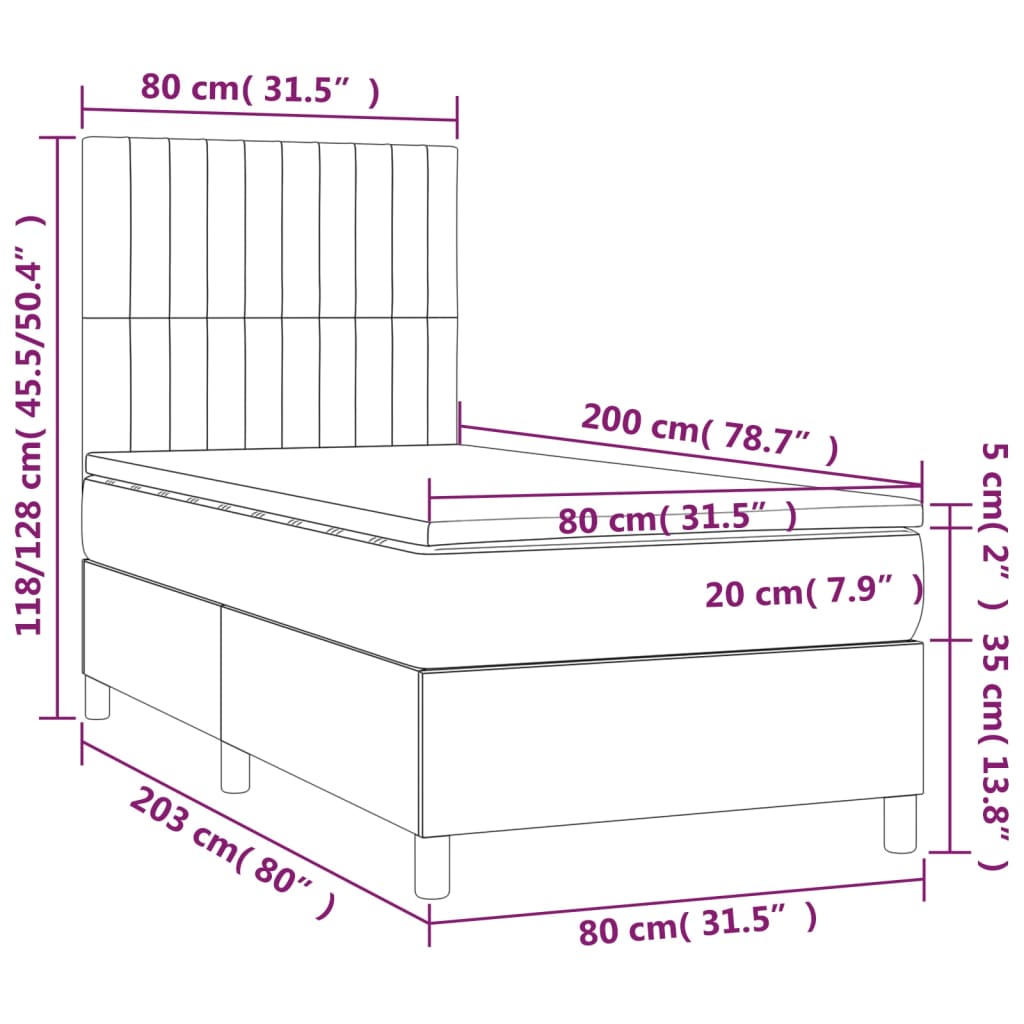 Letto a Molle con Materasso e LED Grigio Scuro 80x200cm Velluto - homemem39