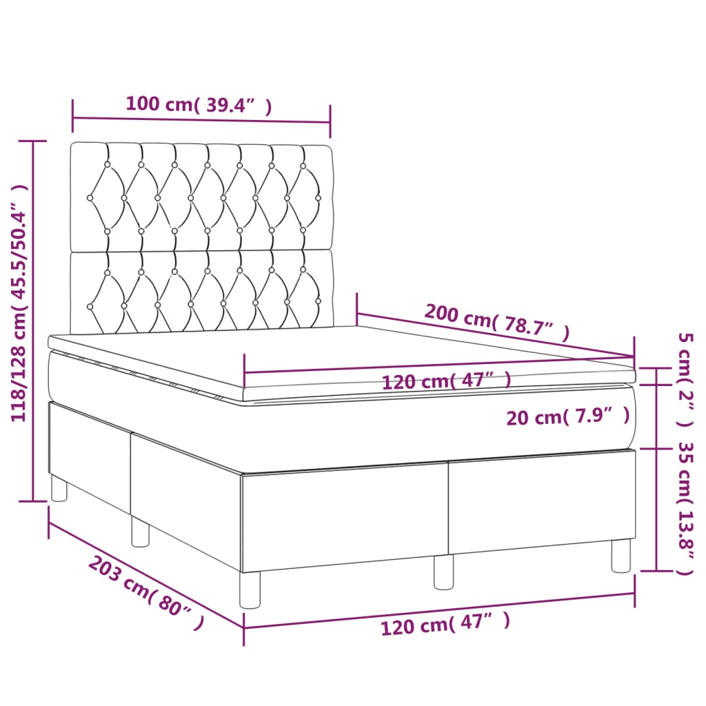 Letto a Molle con Materasso e LED Nero 120x200 cm in Velluto - homemem39