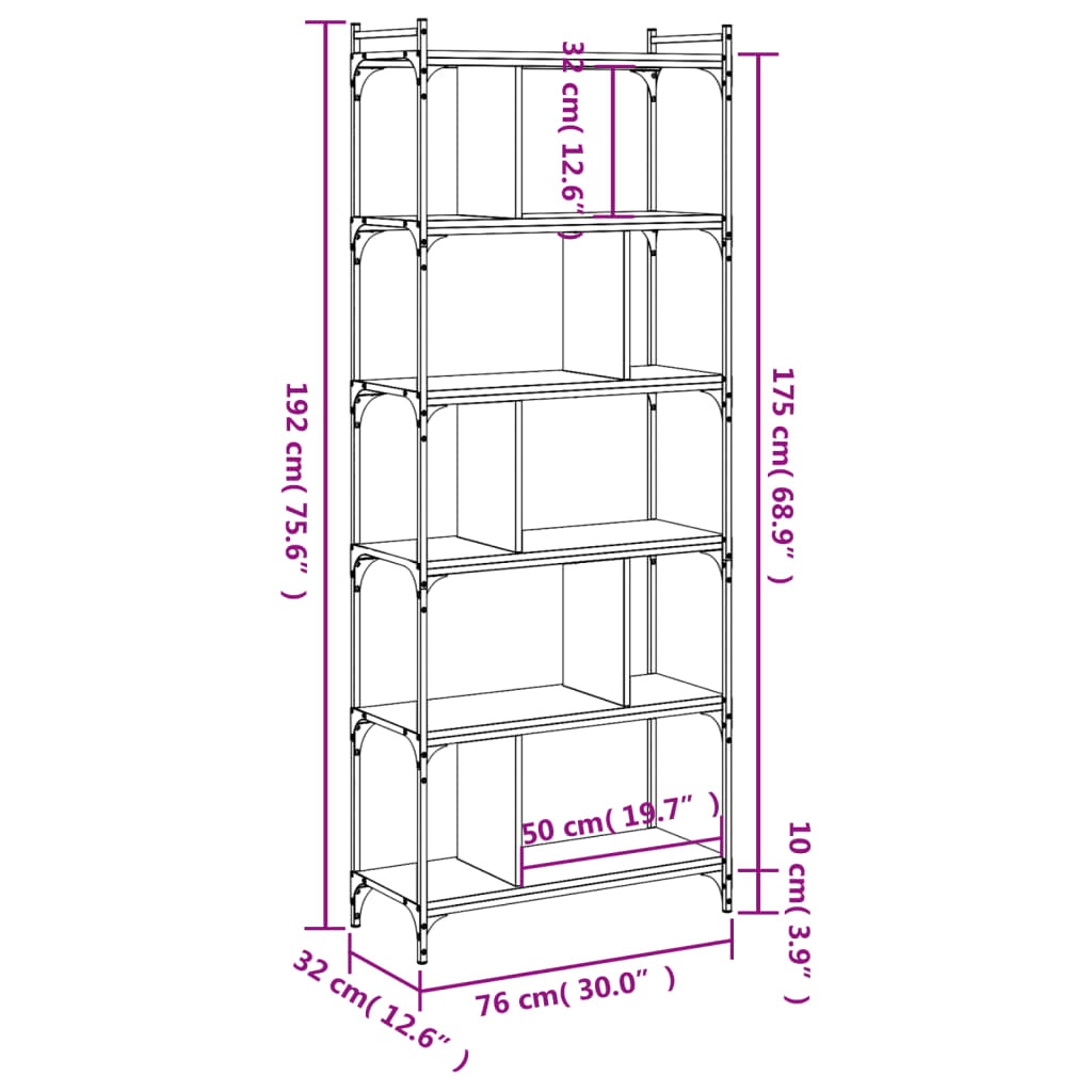 Libreria Nera 6 Ripiani 76x32x192 cm Legno Multistrato - homemem39