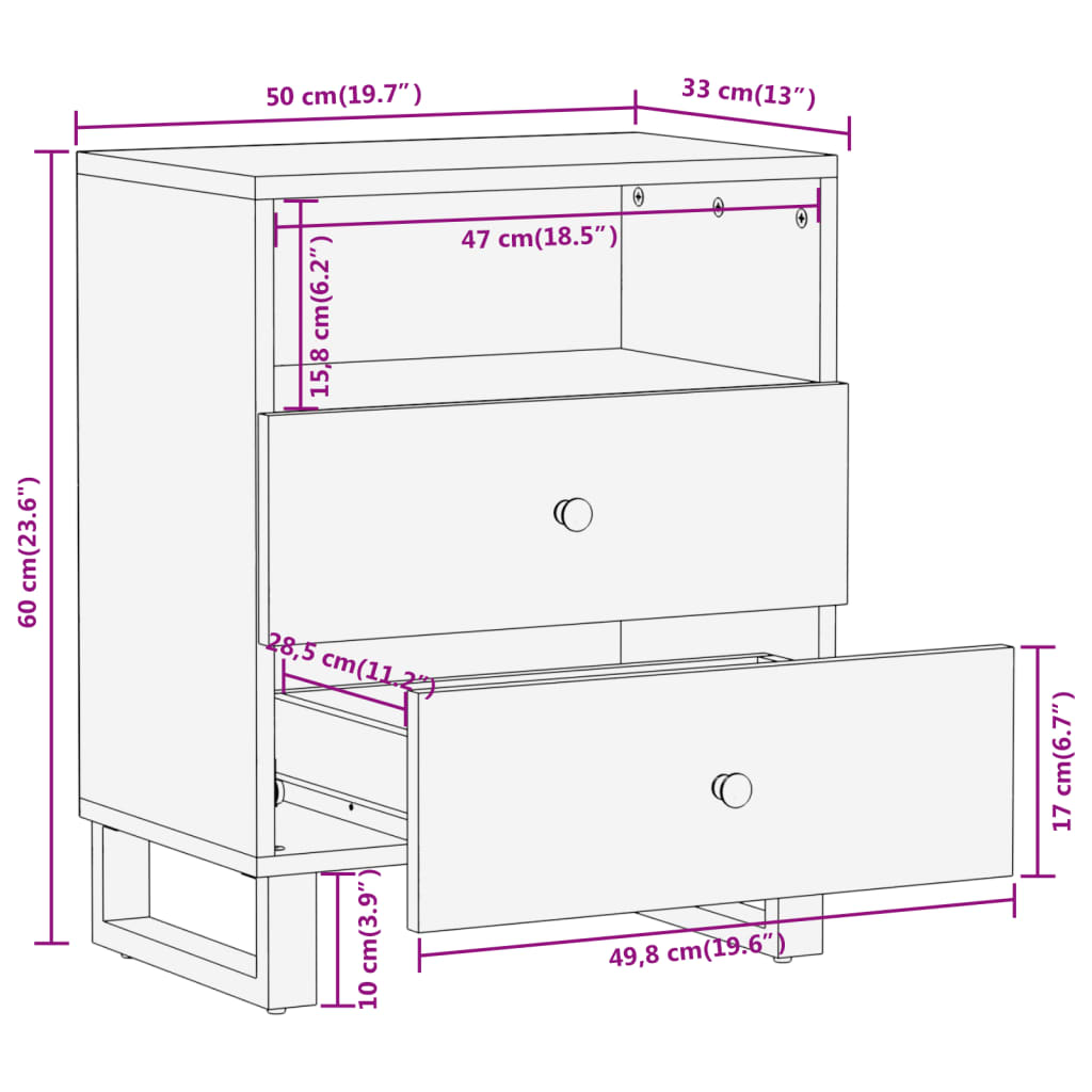 Comodino Nero 40x29x50 cm in Legno Massello di Mango - homemem39